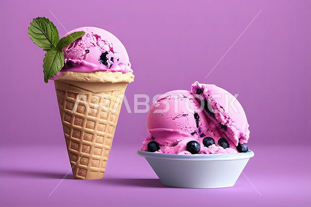 بسكويت الايس كريم المزين بحبات التوت الاسود، ايس كريم بنكهة التوت، طبق البوظة الوردي، حلويات صيفية باردة، ايس كريم طازج، مرطبات صيفية