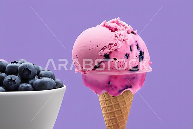 بسكويت الايس كريم المزين بحبات التوت الاسود، ايس كريم بنكهة التوت، طبق البوظة الوردي، حلويات صيفية باردة، ايس كريم طازج، مرطبات صيفية