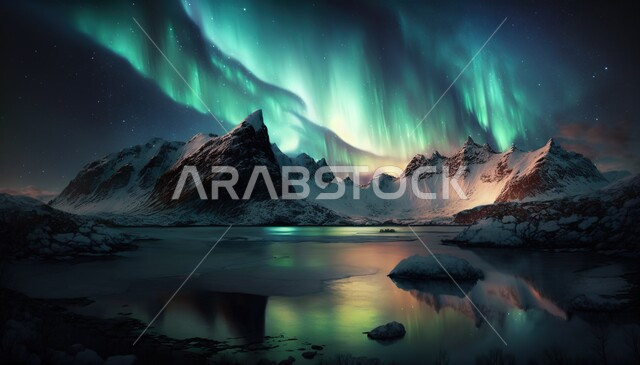 ظاهرة الشفق القطبي ، اضواء الشفق القطبي ، الجبال والمرتفعات الصخرية ليلا، السماء الساحرة ، ضوء متوهج، مناظر طبيعية خلابة، خلفية الطبيعة
