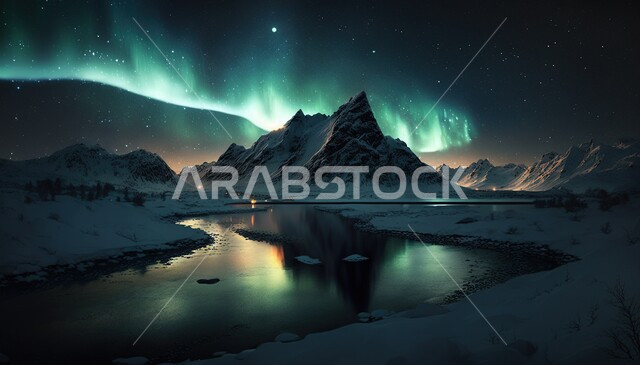 ظاهرة الشفق القطبي ، اضواء الشفق القطبي ، الجبال والمرتفعات الصخرية ليلا، السماء الساحرة ، ضوء متوهج، مناظر طبيعية خلابة، خلفية الطبيعة
