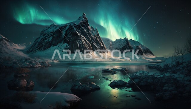 ظاهرة الشفق القطبي ، اضواء الشفق القطبي ، الجبال والمرتفعات الصخرية ليلا، السماء الساحرة ، ضوء متوهج، مناظر طبيعية خلابة، خلفية الطبيعة