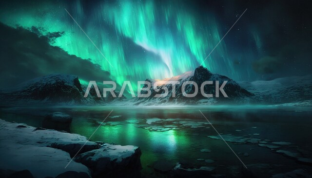 ظاهرة الشفق القطبي ، اضواء الشفق القطبي ، الجبال والمرتفعات الصخرية ليلا، السماء الساحرة ، ضوء متوهج، مناظر طبيعية خلابة، خلفية الطبيعة