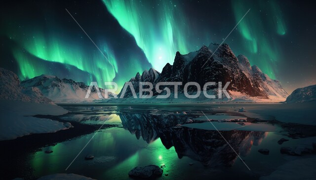 ظاهرة الشفق القطبي ، اضواء الشفق القطبي ، الجبال والمرتفعات الصخرية ليلا، السماء الساحرة ، ضوء متوهج، مناظر طبيعية خلابة، خلفية الطبيعة