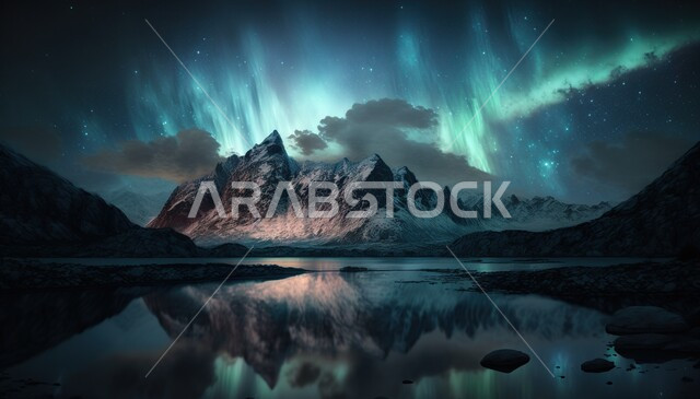 ظاهرة الشفق القطبي ، اضواء الشفق القطبي ، الجبال والمرتفعات الصخرية ليلا، السماء الساحرة ، ضوء متوهج، مناظر طبيعية خلابة، خلفية الطبيعة
