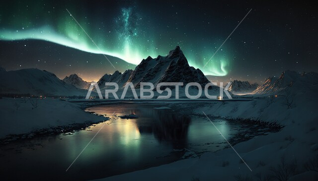 ظاهرة الشفق القطبي ، اضواء الشفق القطبي ، الجبال والمرتفعات الصخرية ليلا، السماء الساحرة ، ضوء متوهج، مناظر طبيعية خلابة، خلفية الطبيعة