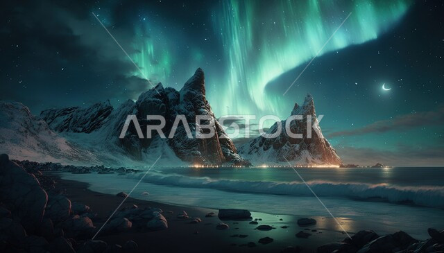 ظاهرة الشفق القطبي ، اضواء الشفق القطبي ، الجبال والمرتفعات الصخرية ليلا، السماء الساحرة ، ضوء متوهج، مناظر طبيعية خلابة، خلفية الطبيعة