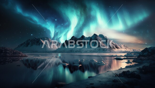 ظاهرة الشفق القطبي ، اضواء الشفق القطبي ، الجبال والمرتفعات الصخرية ليلا، السماء الساحرة ، ضوء متوهج، مناظر طبيعية خلابة، خلفية الطبيعة