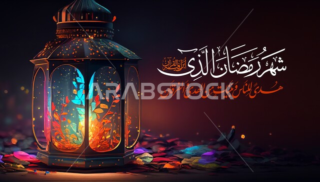  فانوس رمضان على خلفية ملونة , قالب تصميم ، شهر رمضان المبارك، إضاءة وزينة شهر رمضان، أجواء رمضانية، مناسبات دينية