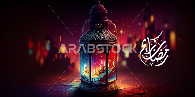  فانوس رمضان على خلفية ملونة , قالب تصميم ، شهر رمضان المبارك، إضاءة وزينة شهر رمضان، أجواء رمضانية، مناسبات دينية