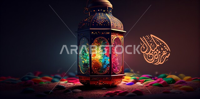  فانوس رمضان على خلفية ملونة , قالب تصميم ، شهر رمضان المبارك، إضاءة وزينة شهر رمضان، أجواء رمضانية، مناسبات دينية