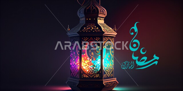 فانوس رمضان على خلفية ملونة , قالب تصميم ، شهر رمضان المبارك، إضاءة وزينة شهر رمضان، أجواء رمضانية، مناسبات دينية