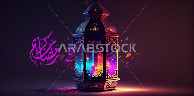 فانوس رمضان على خلفية ملونة , قالب تصميم ، شهر رمضان المبارك، إضاءة وزينة شهر رمضان، أجواء رمضانية، مناسبات دينية