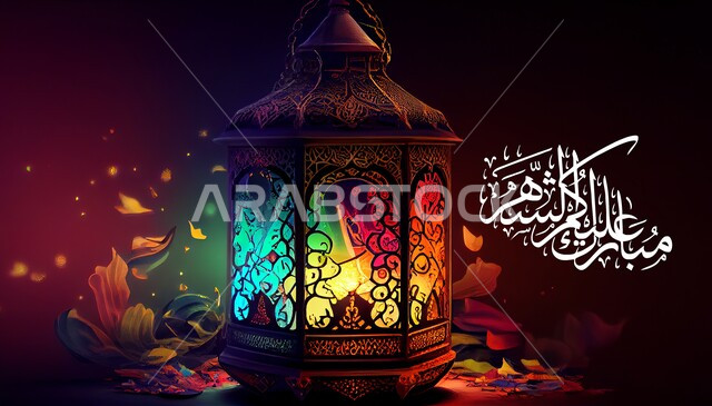 فانوس رمضان على خلفية ملونة , قالب تصميم ، شهر رمضان المبارك، إضاءة وزينة شهر رمضان، أجواء رمضانية، مناسبات دينية