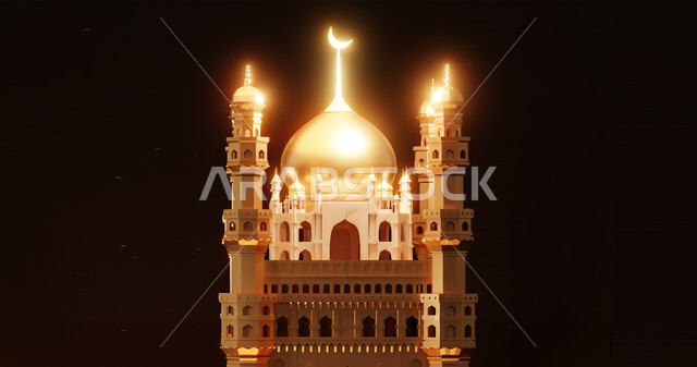 خلفية رمضان ثلاثية الأبعاد على خلفية سوداء ، عرض المنتج ، زينة رمضان ، مفهوم الاحتفال الإسلامي بشهر رمضان الكريم ، أجواء رمضانية ، تحف ثلاثية الأبعاد .