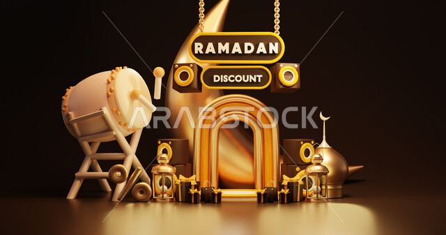 خلفية رمضان ثلاثية الأبعاد على خلفية سوداء ، عرض المنتج ، زينة رمضان ، مفهوم الاحتفال الإسلامي بشهر رمضان الكريم ، أجواء رمضانية ، تحف ثلاثية الأبعاد .