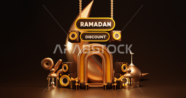 خلفية رمضان ثلاثية الأبعاد على خلفية سوداء ، عرض المنتج ، زينة رمضان ، مفهوم الاحتفال الإسلامي بشهر رمضان الكريم ، أجواء رمضانية ، تحف ثلاثية الأبعاد .