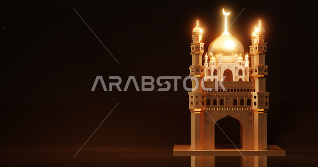 خلفية رمضان ثلاثية الأبعاد على خلفية سوداء ، عرض المنتج ، زينة رمضان ، مفهوم الاحتفال الإسلامي بشهر رمضان الكريم ، أجواء رمضانية ، تحف ثلاثية الأبعاد .