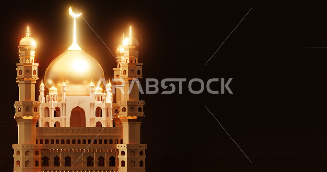 خلفية رمضان ثلاثية الأبعاد على خلفية سوداء ، عرض المنتج ، زينة رمضان ، مفهوم الاحتفال الإسلامي بشهر رمضان الكريم ، أجواء رمضانية ، تحف ثلاثية الأبعاد .