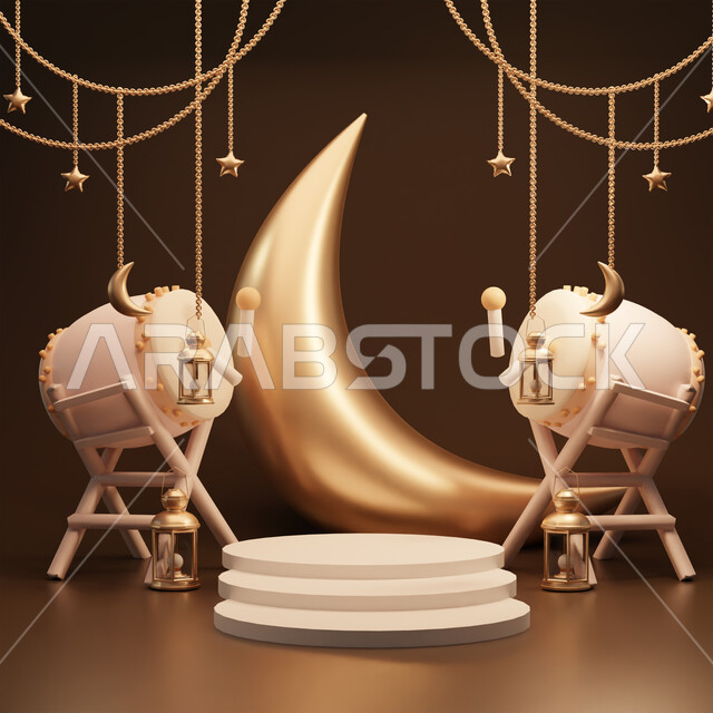 خلفية رمضان ثلاثية الأبعاد على خلفية سوداء ، عرض المنتج ، زينة رمضان ، مفهوم الاحتفال الإسلامي بشهر رمضان الكريم ، أجواء رمضانية ، تحف ثلاثية الأبعاد .