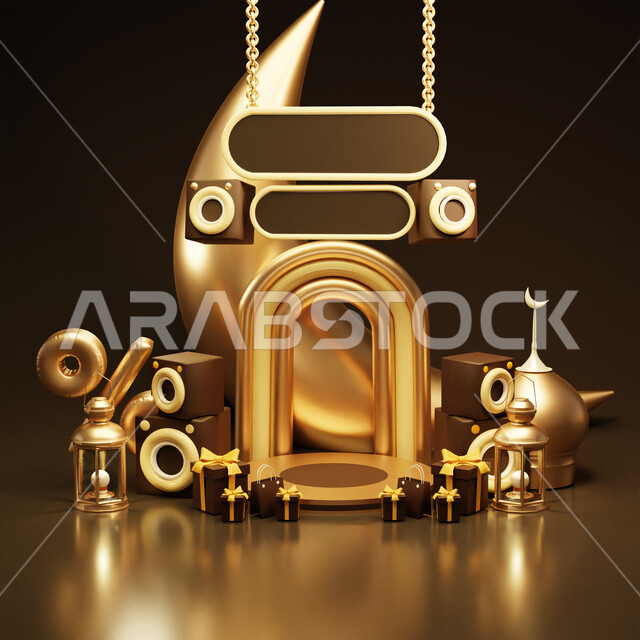 خلفية رمضان ثلاثية الأبعاد على خلفية سوداء ، عرض المنتج ، زينة رمضان ، مفهوم الاحتفال الإسلامي بشهر رمضان الكريم ، أجواء رمضانية ، تحف ثلاثية الأبعاد .