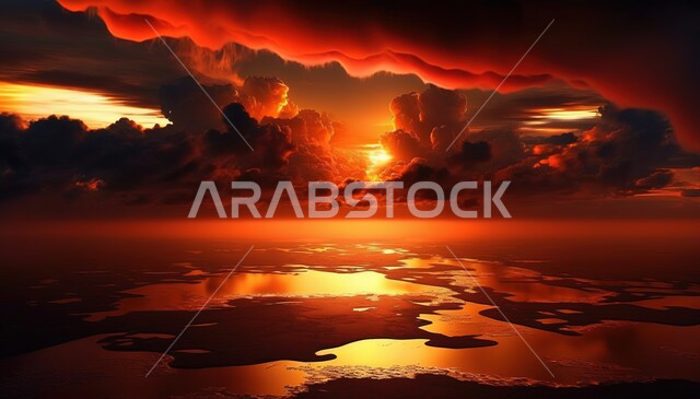 صورة بانوراميا للسماء الملبدة بالغيوم وقت غروب الشمس،مناظر طبيعية خلابة، المياه في المناطق الصحراوية، خلفية الطبيعة