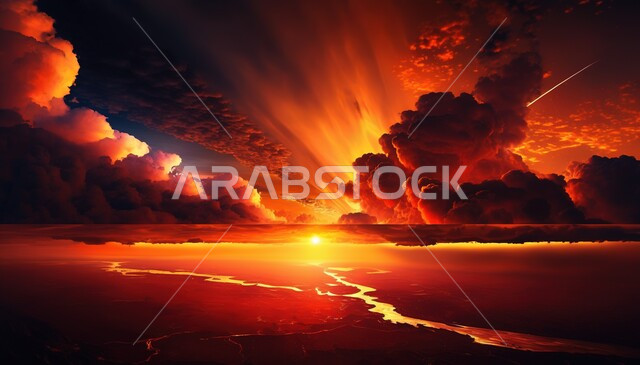 صورة بانوراميا للسماء الملبدة بالغيوم وقت غروب الشمس،مناظر طبيعية خلابة، المياه في المناطق الصحراوية، خلفية الطبيعة