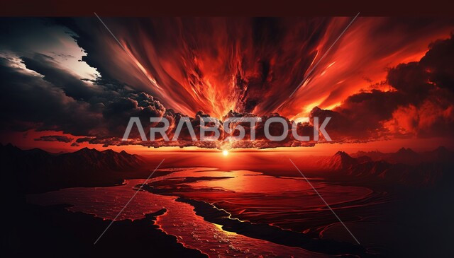 صورة بانوراميا للسماء الملبدة بالغيوم وقت غروب الشمس،مناظر طبيعية خلابة، المياه في المناطق الصحراوية، خلفية الطبيعة