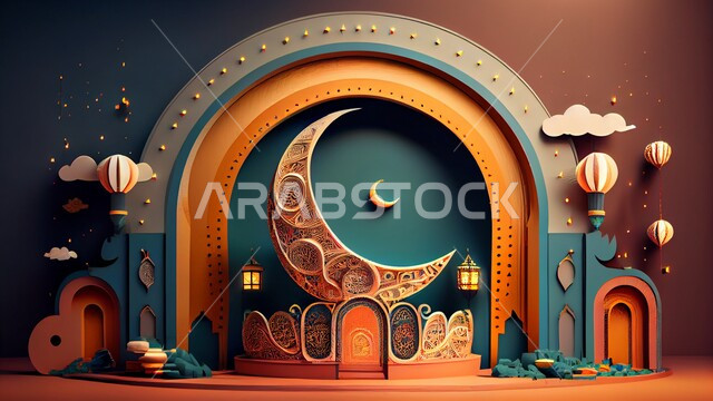 تصاميم اسلامية، تحف رمضانيه ثلاثية الابعاد، هلال رمضان، مصابيح رمضان، ديكورات وأنوار رمضانية، زينة رمضان، خلفية رمضانية