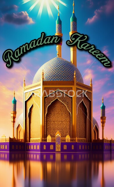 مسجد بتصاميم وزخارف اسلامية، مجسم باللون الذهبي، رمضان كريم، خلفية رمضانية