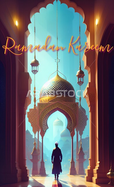 رجل مسلم في المسجد، تصاميم وزخارف اسلامية، فوانيس رمضان، زينة رمضان، ديكورات وأنوار رمضانية، رمضان كريم، خلفية رمضانية