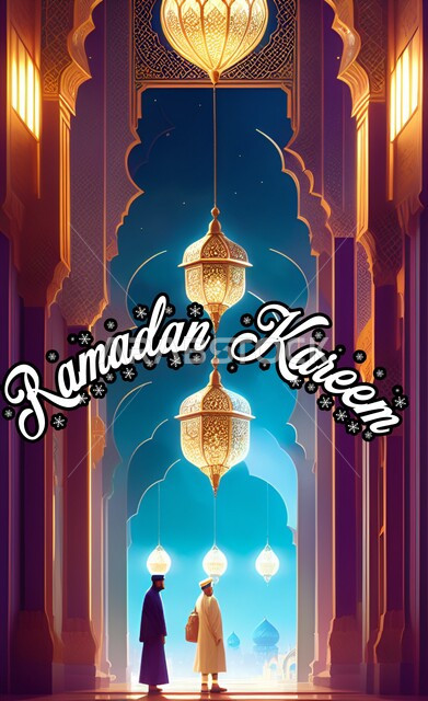 رجلان مسلمان في المسجد، تصاميم وزخارف اسلامية، ديكورات وأنوار، مصابيح مضيئة، رمضان كريم، خلفية رمضانية