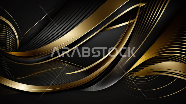 3D metallic background, golden luminous lines, black background, various 3D backgrounds, 3D graphics