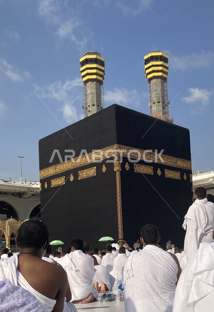 لقطة من الخلف لمجموعة من المعتمرين يصلون باتجاه بيت الله الحرام في الحرم المكي، أداء مناسك الحج والعمرة، الطواف حول الكعبة، مكة المكرمة في المملكة العربية السعودية