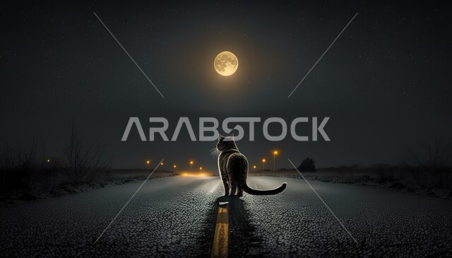 قط لطيف وسط الطريق ليلا، ضوء القمر، التجول في الطرقات الفارغة، قط لطيف