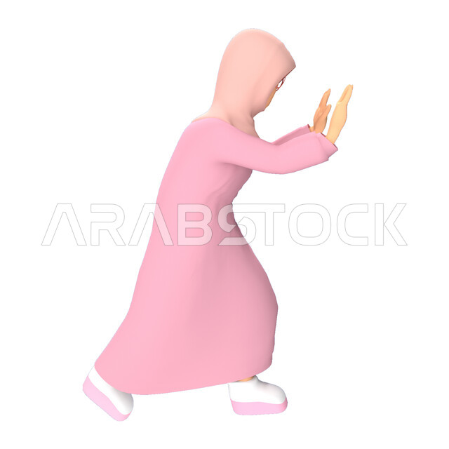 رسم توضيحي ثلاثي الابعاد لامرأة محجبة تدفع شيء بيدها، المنع والتوقف، حركة يد واشارات، خلفية بيضاء