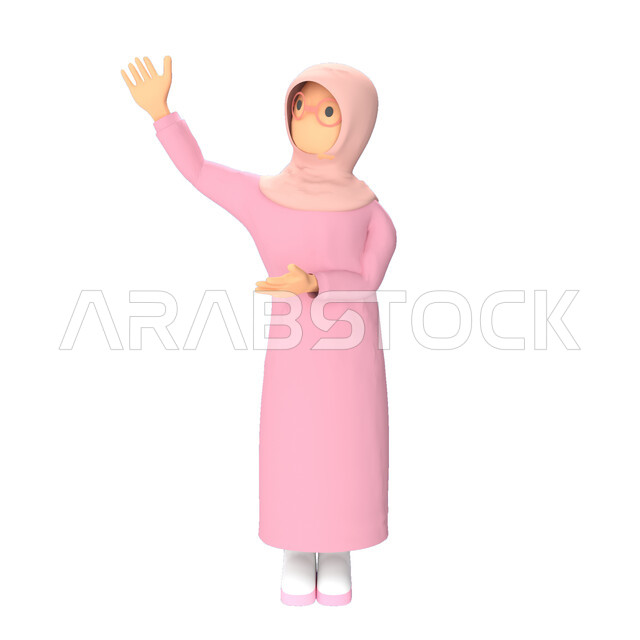 رسم توضيحي ثلاثي الابعاد لامرأة محجبة ترفع يدها للاعلى، الاشارة الى شيء ما، حركة يد واشارات، خلفية بيضاء