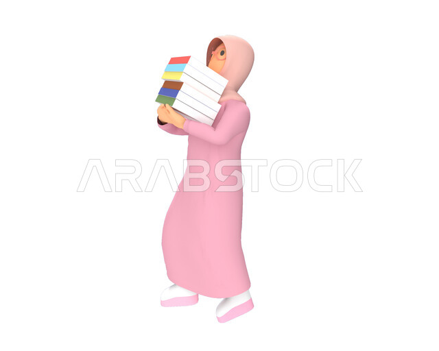 رسم توضيحي ثلاثي الابعاد لامرأة محجبة تحمل مجموعة من الكتب، القرأة والمطالعة، التعلم والتثقف، مفهوم القراءة، خلفية بيضاء
