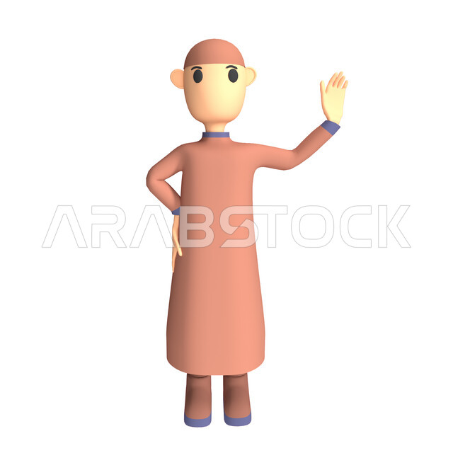 رسم توضيحي ثلاثي الابعاد لرجل مسلم يرفع يده لاعلى، التحية والترحيب، حركة يد واشارات، خلفية بيضاء