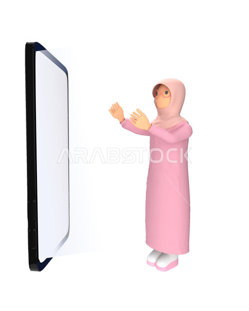 رسم توضيحي ثلاثي الابعاد لامرأة محجبة تقف امام شاشة الهاتف المحمول، اجهزة الكترونية، استخدام الهاتف محمول، اجهزة وتقنيات حديثة، خلفية بيضاء