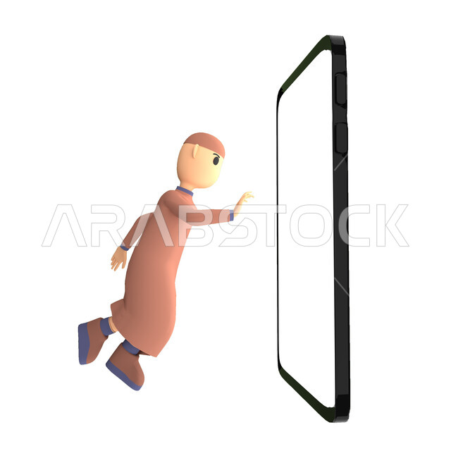 3D illustration of a man standing in front of a mobile phone screen, electronic devices, using a mobile phone, modern devices and technologies, white background
