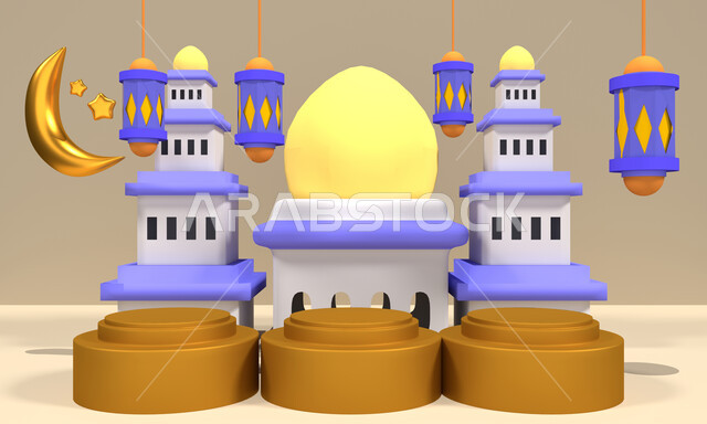 رسوم توضيحية ثلاثية الابعاد لمسجد، هلال رمضان، فوانيس رمضان، اشكال زخرفية، تصاميم اسلامية