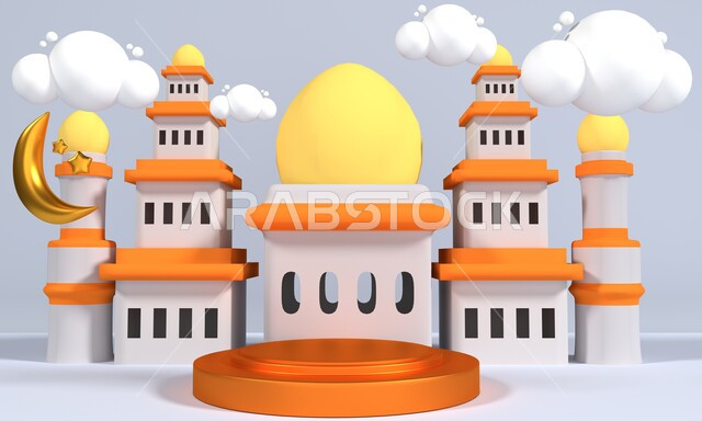رسوم توضيحية ثلاثية الابعاد لمسجد، هلال رمضان، اشكال زخرفية، تصاميم اسلامية