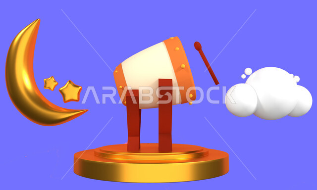 رسومات ثلاثية الابعاد لخلفية رمضانية، هلال رمضان، طبلة، خلفية زرقاء مجردة