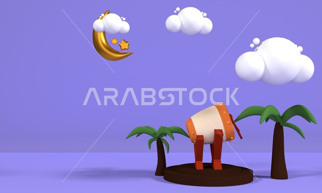 رسومات ثلاثية الابعاد لخلفية رمضانية، اشجار النخيل الخضراء، هلال رمضان، طبلة، خلفية زرقاء مجردة
