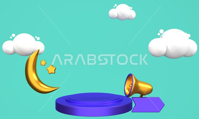 رسومات ثلاثية الابعاد لمايكروفون، هلال ونجوم، خلفية زرقاء مجردة