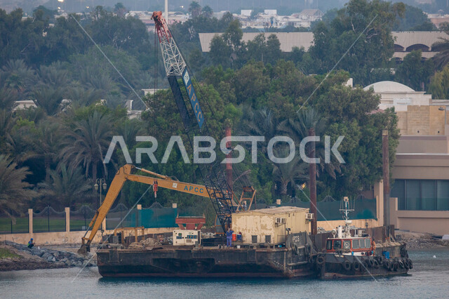 Machinery and equipment for development and construction at sea, port development, green trees and plants, green nature, development work equipment