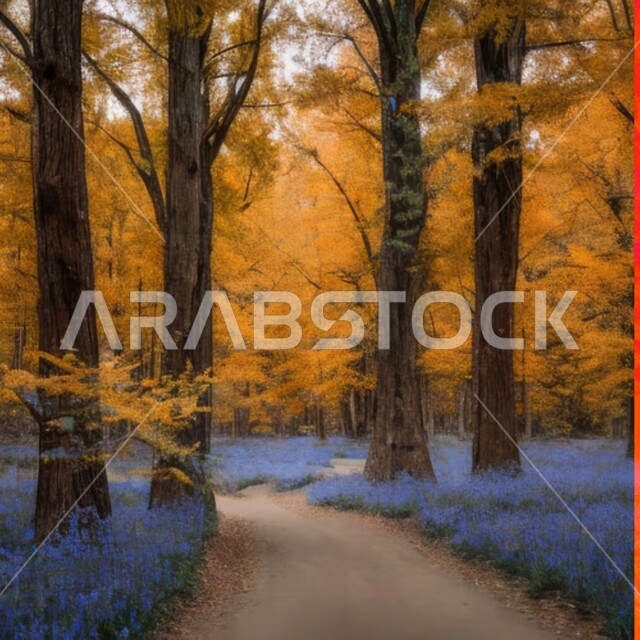 رسمة فنية غابة مليئة بالأشجار باوراق صفراء في فصل الخريف، رسمة فنية ، طبيعة خريفية، غابات وأشجار