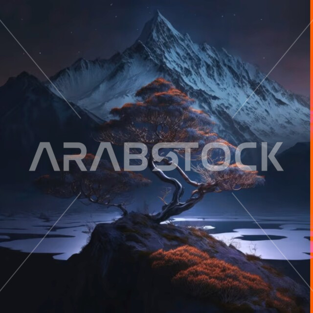 fantasy natural, tall mountains covered with snow, tree, nature