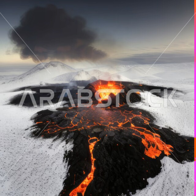 نار البركان بين الجبال الثلجية،  اسطح ثلجية بيضاء ،الطبيعة، براكين وجبال