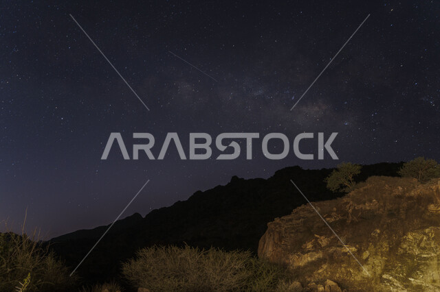 الجبال والمرتفعات الصخرية ليلا، السماء المليئة بالنجوم، مجرة درب التبانة، الاشجار والنباتات، الجبال الصخرية، خلفية الطبيعة